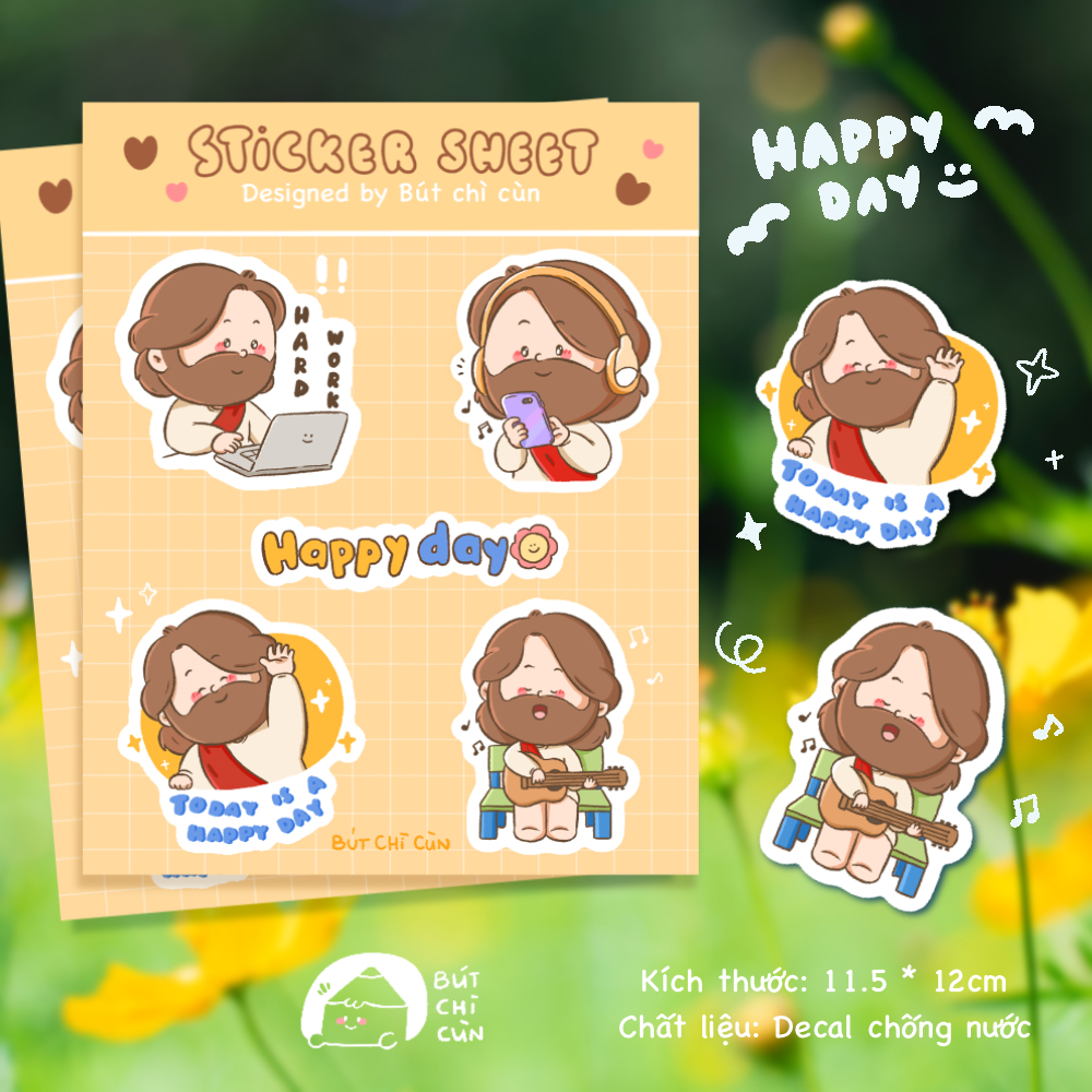 Hình dán - Sticker - CHÚA GIÊSU - HAPPY DAY - BÚT CHÌ CÙN - quà tặng Công giáo - thiết kế độc quyền