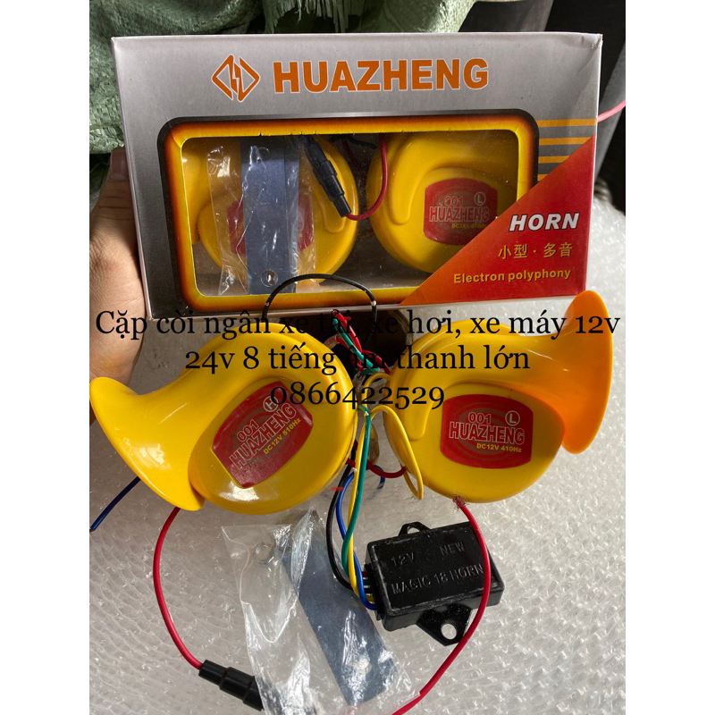 Còi ngân, cặp còi ngân 6 tiếng huazeng âm thanh lớn cho xe tải, xe máy,xe khách 12v 24v