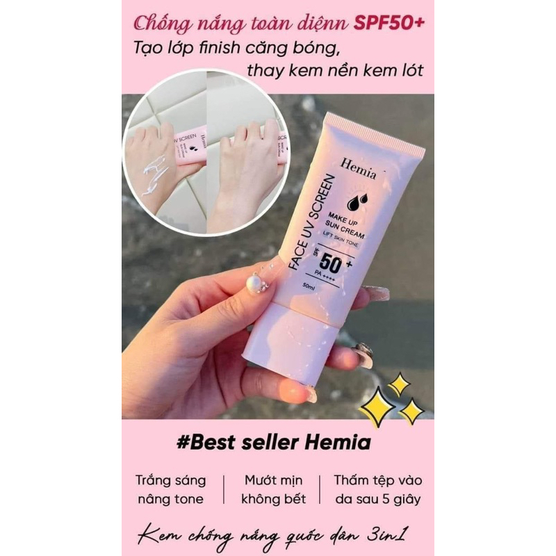 Kem chống nắng HEMIA 50ml dưỡng trắng nâng tone SPF50+ tự nhiên,Hàn Quốc