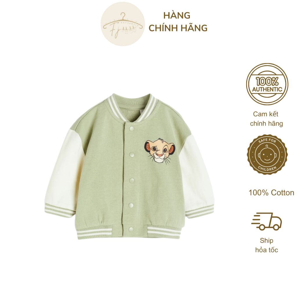 Áo bomber bé trai chính hãng HM, áo thu đông khoác bóng chày xanh chất nỉ da cá cho bé 9 tháng đến 4 tuổi Auth