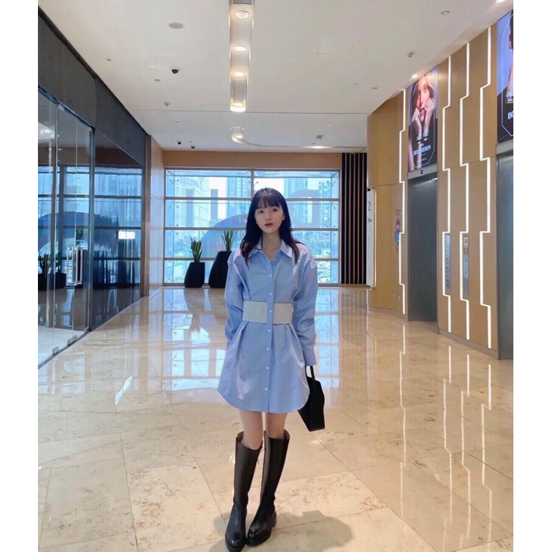 Váy sơ mi dài tay chít eo đơn giản trẻ trung AW phong cách 2023 cao cấp