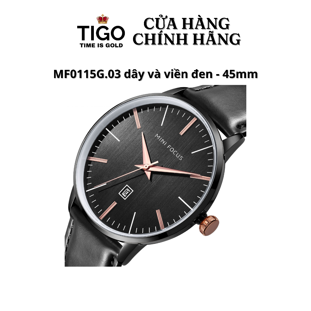 Đồng Hồ Nam MINI FOCUS MF0115G.03 Dây Da Đen Viền Đen Thép Không Gỉ Cao Cấp Mặt Tròn Đường Kính 45mm Chống Nước