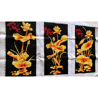 (Đã thêu) Tranh thêu phúc lộc thọ hoa sen đỏ
