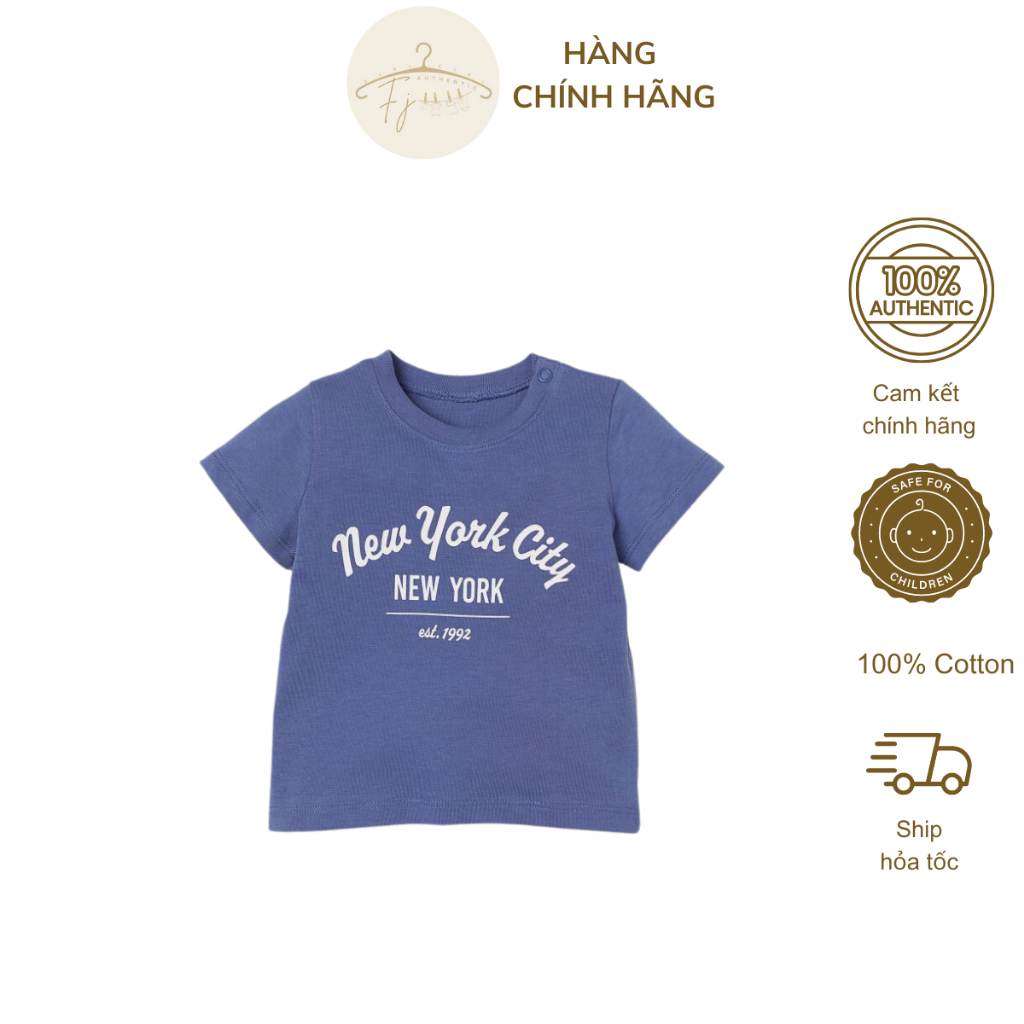 Áo phông bé trai chính hãng HM , Áo thun ngắn tay New york xanh cho bé 6 tháng đến 24 tháng tuổi Auth