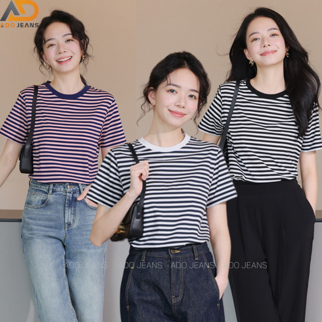 Áo thun baby tee nữ kẻ sọc đen trắng vải cotton 100% co giãn 4 chiều siêu mềm mịn ADO JEANS (Mã: 1609)