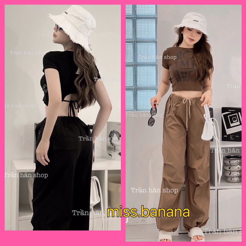 Set Bộ Đồ Áo Ôm Croptop Hở Lưng Quần Túi Hộp Ống Suông Rộng Bo MaM