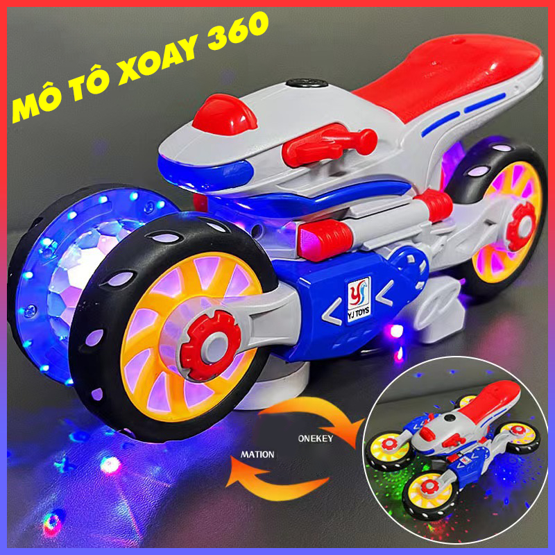 Đồ Chơi Mô Tô Biến Hình Xoay 360 Đèn Led Phát Nhạc Cho Bé