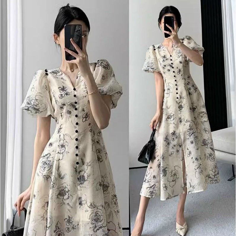 Đầm váy xòe cổ V hoa cho nữ đi làm văn phòng, đầm váy xòe hoạ tiết cho nữ thường ngày có size M,L,XL