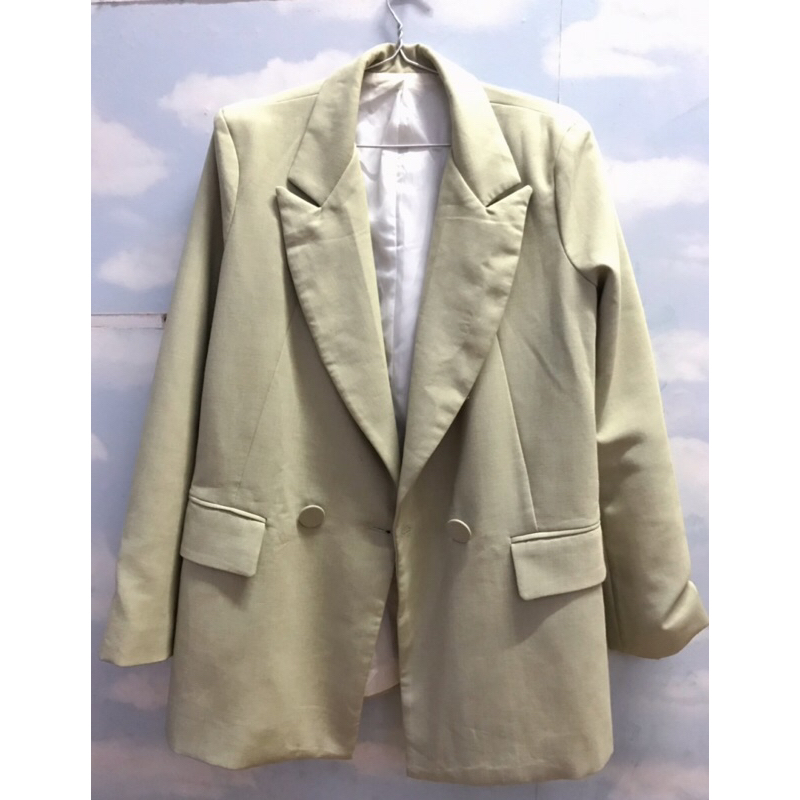 2hand Áo khoác blazer form rộng xanh bơ, có đệm vai