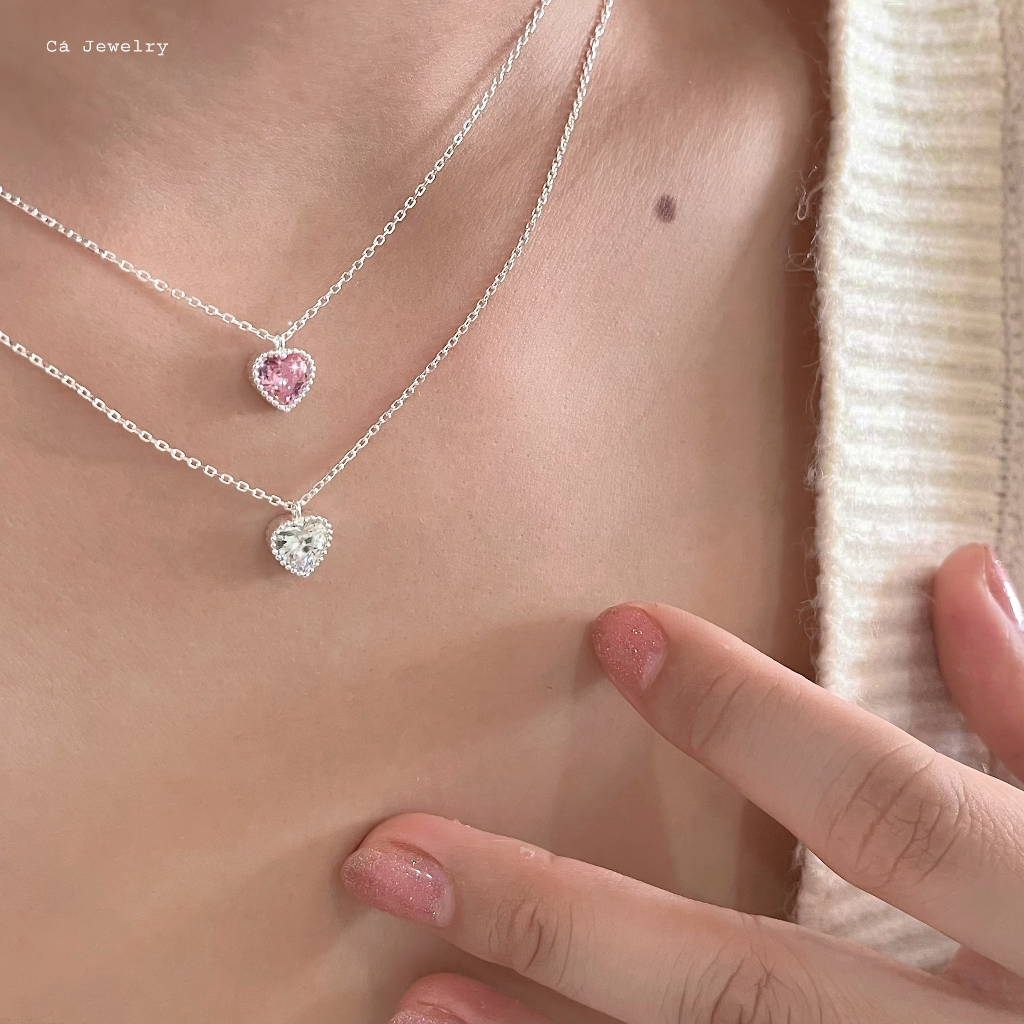 Dây chuyền nữ vòng cổ nữ bạc s925 viền đốt mặt trái tim đính đá pha lê nhiều màu phong cách Hàn Quốc Cá jewelry