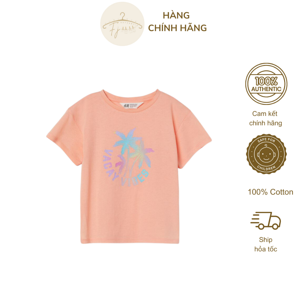 Áo phông bé gái chính hãng HM, áo thun ngắn tay cam họa tiết cây dừa chất cotton mềm mại cho bé 2 đến 4 tuổi Auth