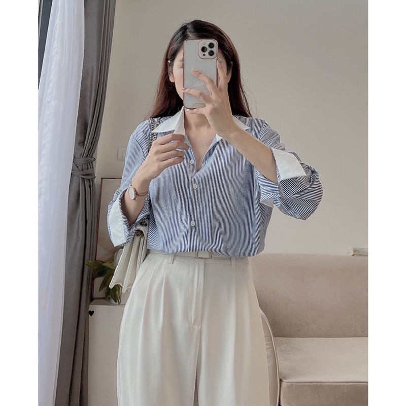 Áo sơ mi kẻ sọc pha cổ trắng chất kate lụa mát ít nhăn có size SM