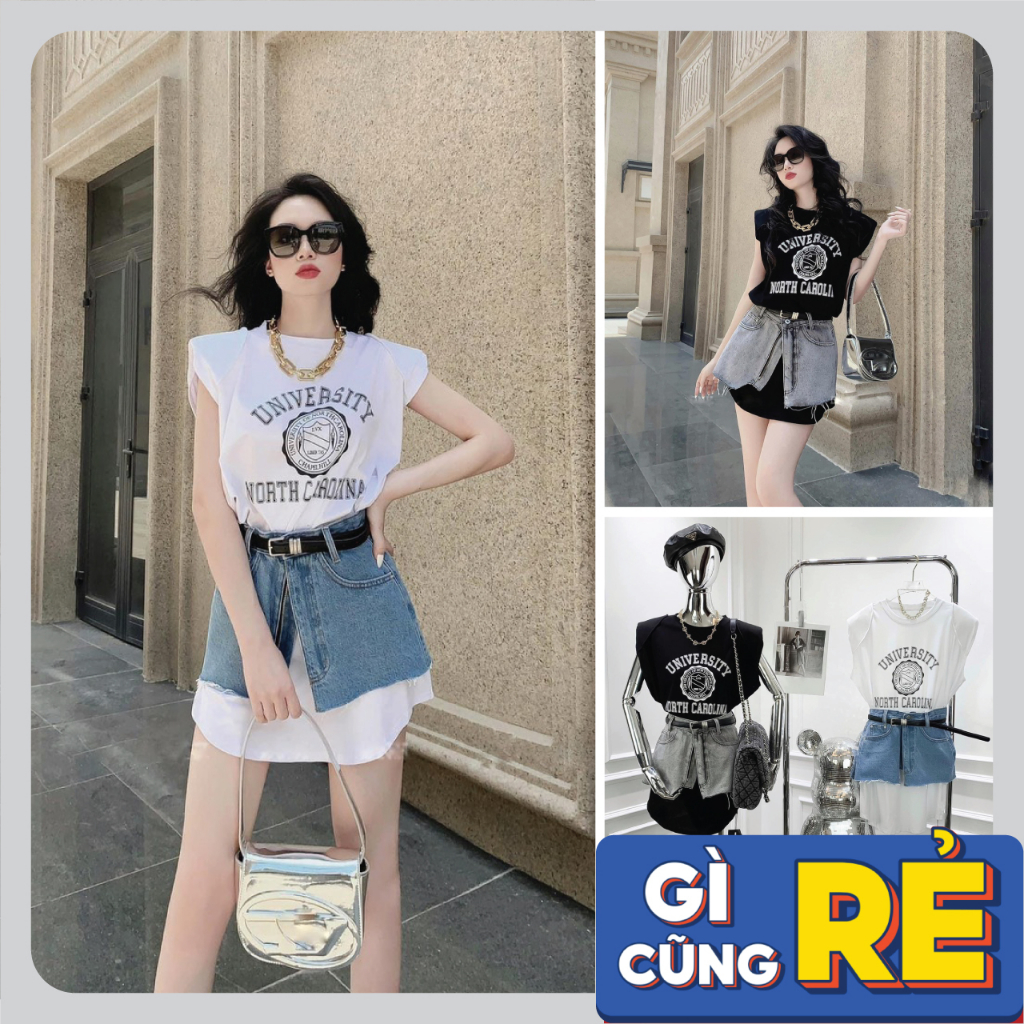 Set áo phông phối jean giả váy cực lạ, Bộ chân váy giá mix áo phông hàng QC