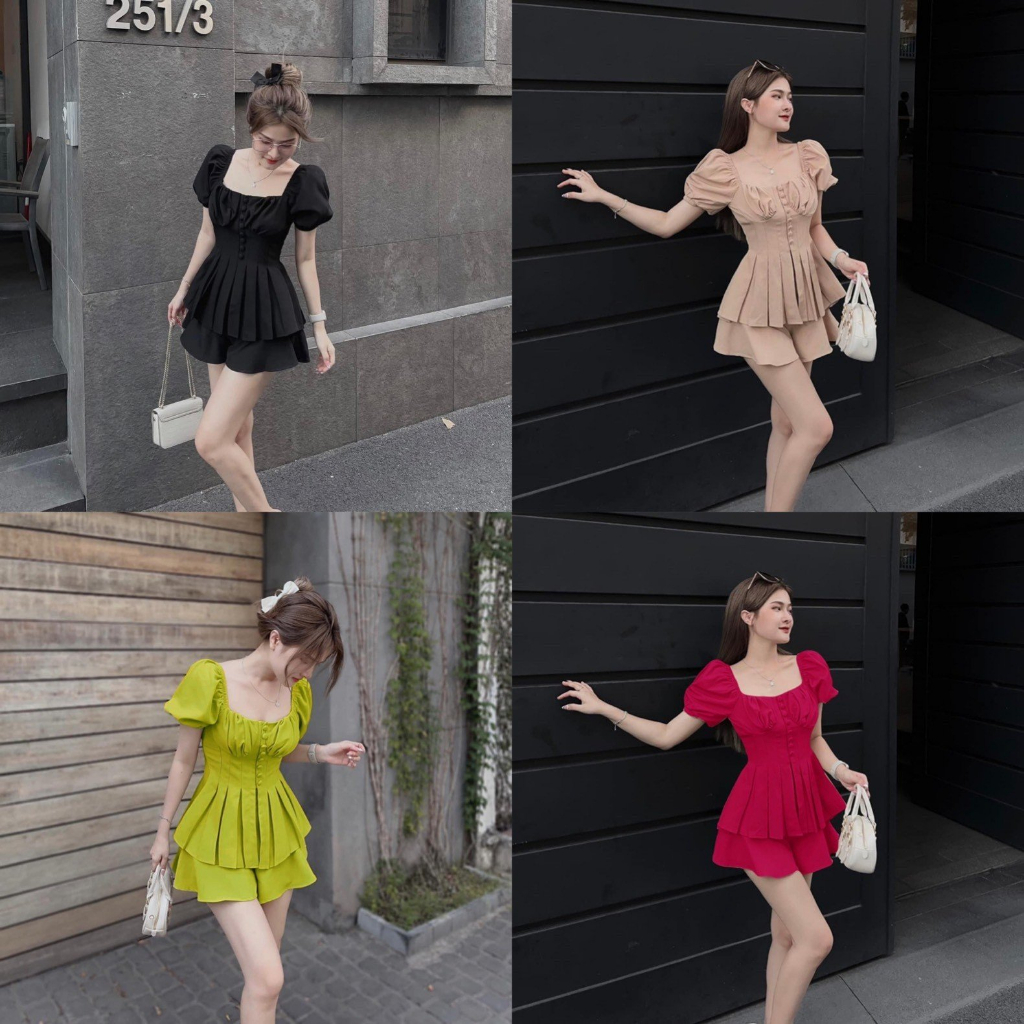 Sét bộ áo peplum cổ vuông nút bọc quần short bigsize Kim Ngân từ 50 kg đến 100 kg M/L/XL/XXL