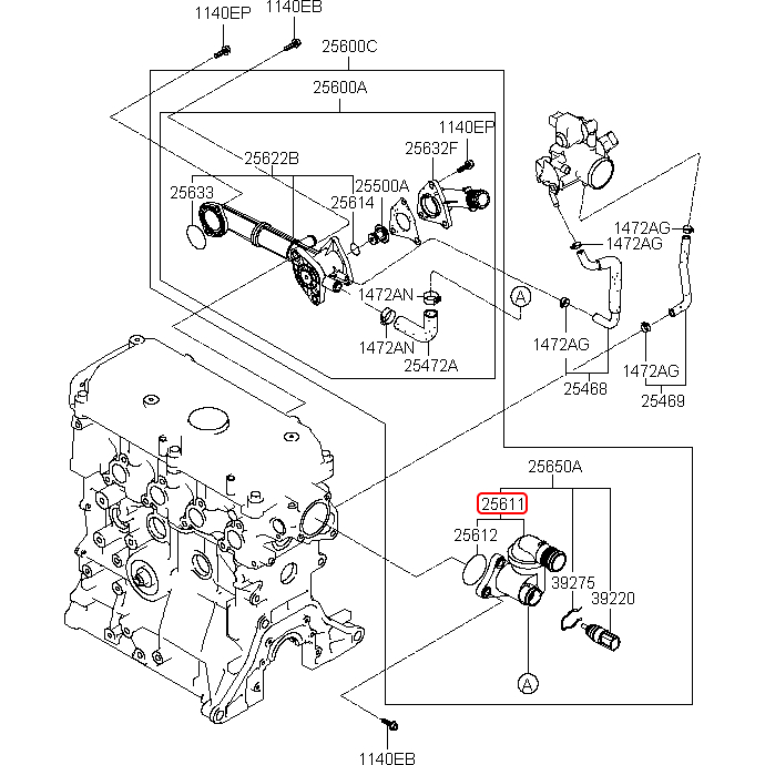 Ống chia nước/ Cút chia nước bắt cảm biến HYUNDAI GETZ 1.1 - Hàng xịn chính hãng 2561102801/2565002801