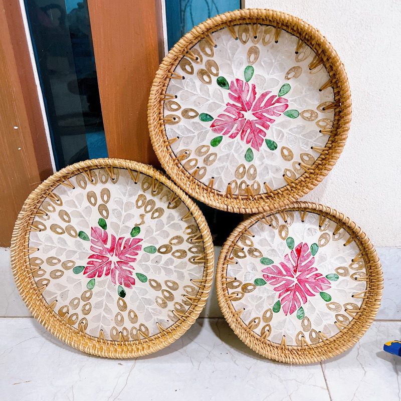 KHAY KHẢM TRAI 22-24-28 nhiều màu, khay mây kết hợp vỏ sò, đựng trà, sen đá, trang trí nhà cửa