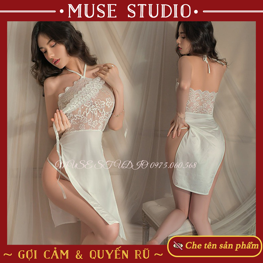 Đồ ngủ sexy, Váy ngủ gợi cảm, đầm ngủ yếm ren xuyên thấu chân váy xẻ cao quyến rũ
