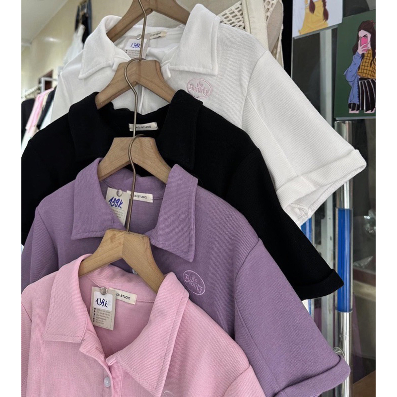 Áo polo tăm thêu chữ the Beauty