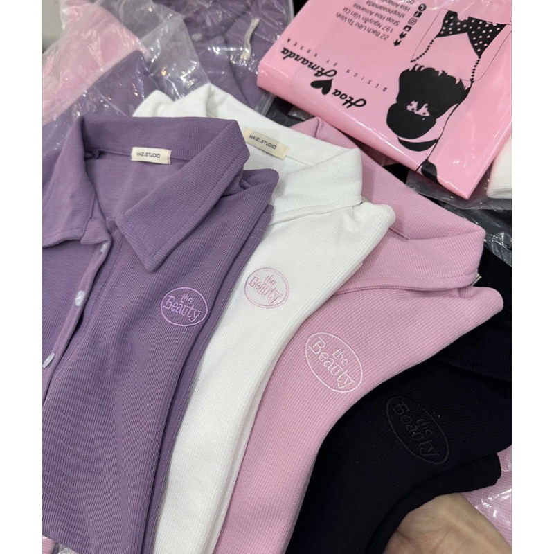 Áo polo tăm thêu chữ the Beauty