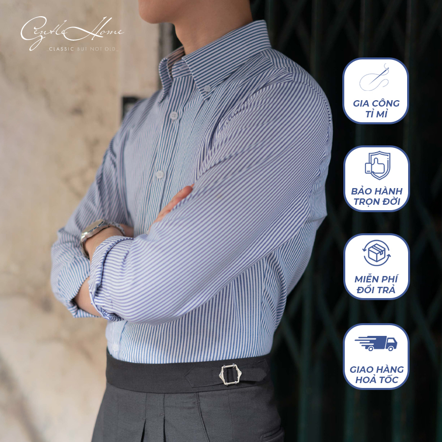 Áo Sơ Mi Nam cổ Buttondown GENTLE HOME kẻ xanh cao cấp vải cotton chống nhăn tốt công sở