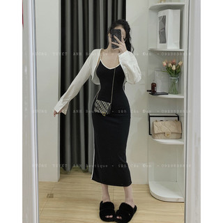 Set đầm 2 dây viền kèm áo sơmi croptop