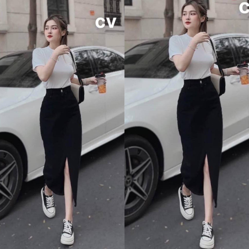 Chân váy jean co giãn dáng dài xẻ tà ,Chân váy bút chì