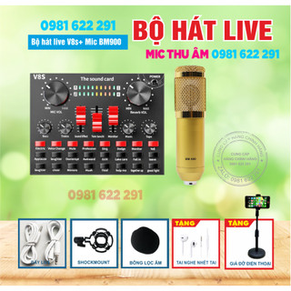Trọn bộ hát thu âm sound-card v8s + micro bm900 live stream oneline tại nhà - tặng tai nghe + tặng giá đỡ điện thoại