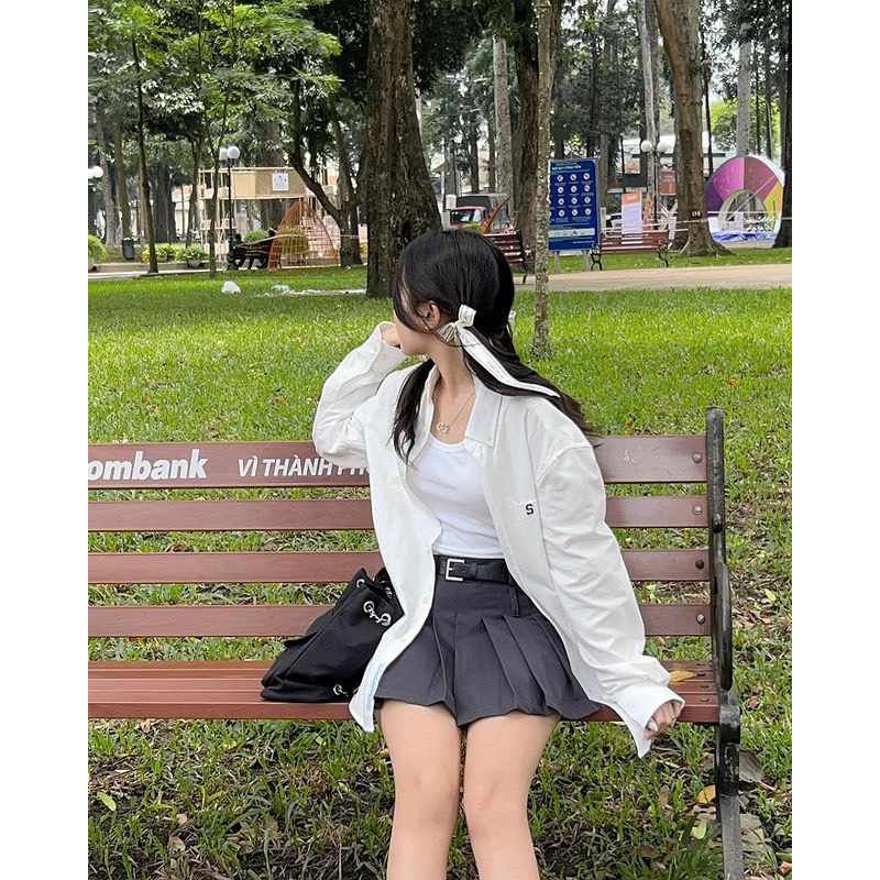 Áo sơ mi dài tay thêu chữ S dáng rộng chất thô đũi dày không lộ, áo sơ mi dài tay thêu họa tiết oversize