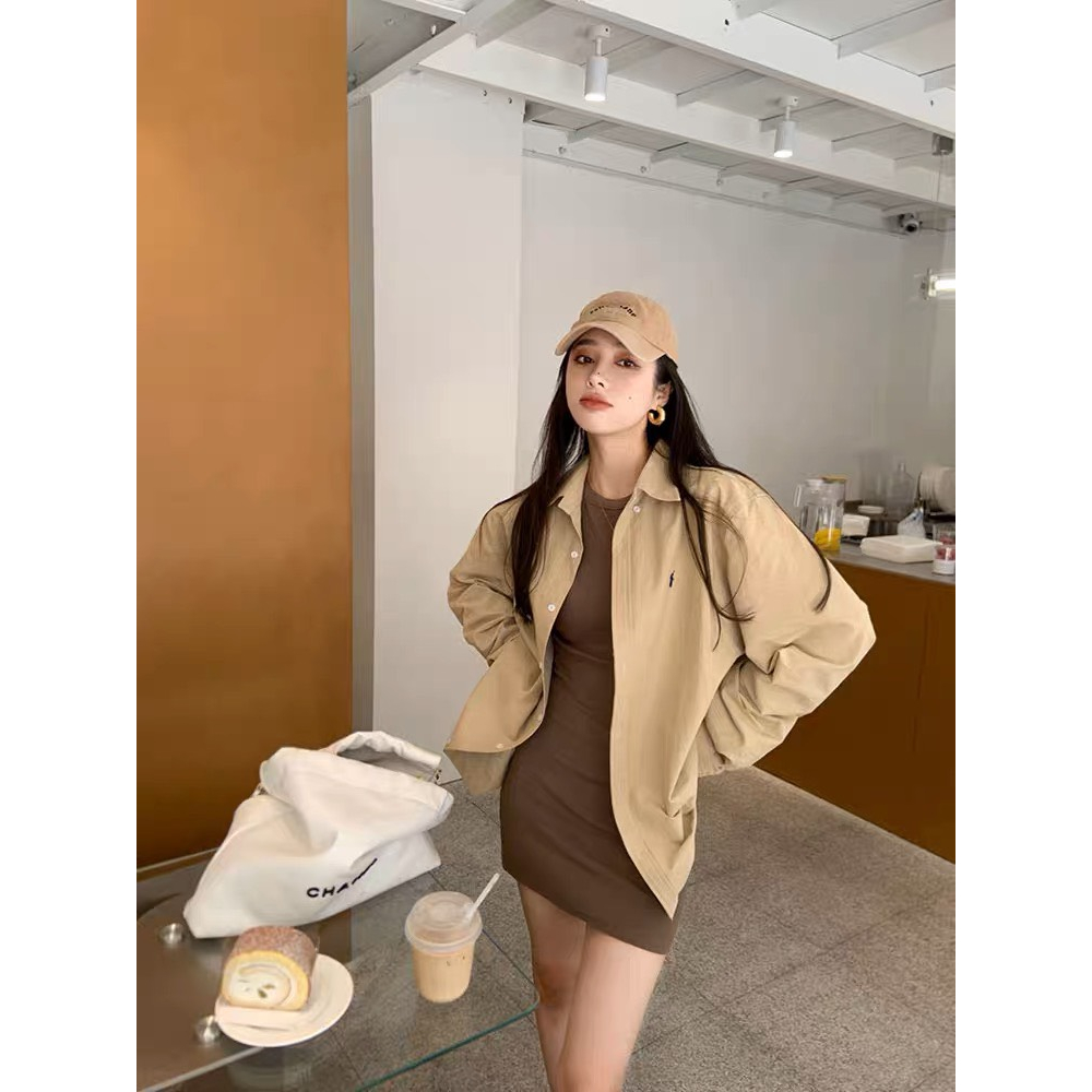 Áo sơ mi dài tay thêu chữ S dáng rộng chất thô đũi dày không lộ, áo sơ mi dài tay thêu họa tiết oversize