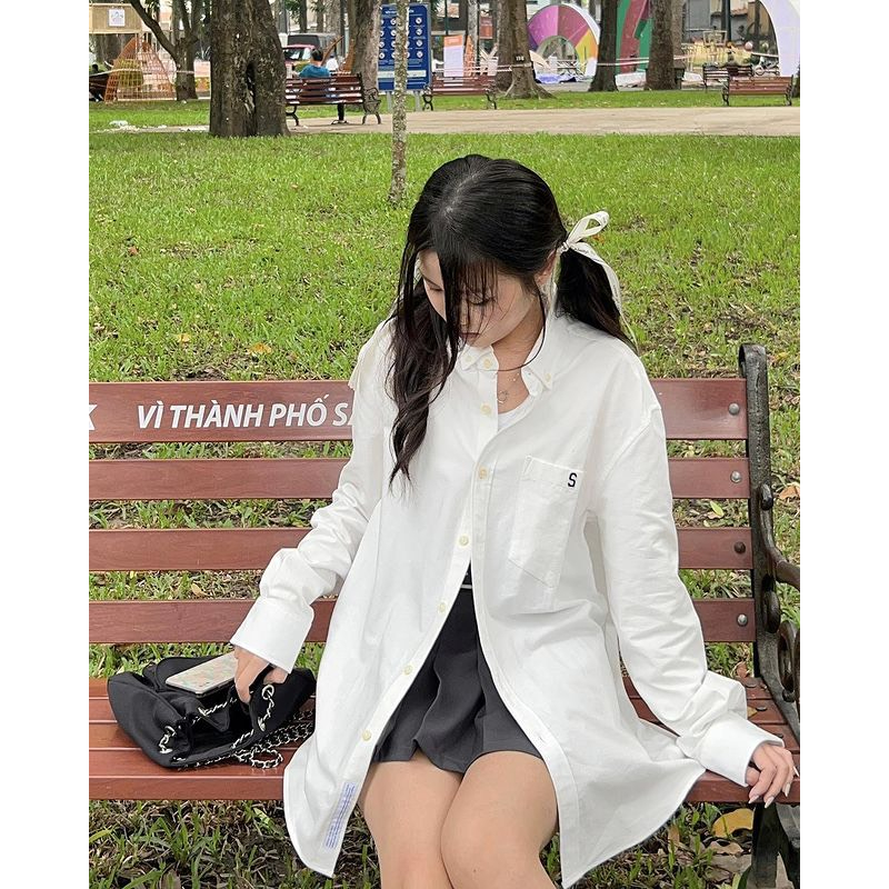 Áo sơ mi dài tay thêu chữ S dáng rộng chất thô đũi dày không lộ, áo sơ mi dài tay thêu họa tiết oversize