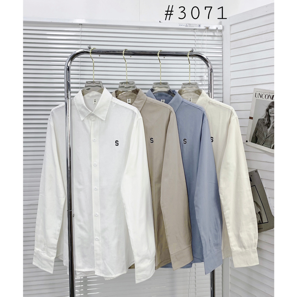 Áo sơ mi dài tay thêu chữ S dáng rộng chất thô đũi dày không lộ, áo sơ mi dài tay thêu họa tiết oversize