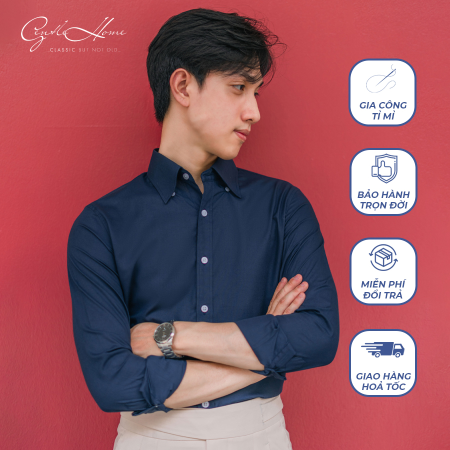 Áo sơ mi nam màu xanh đậm coban cổ button down vải cotton 95% Gentlehome