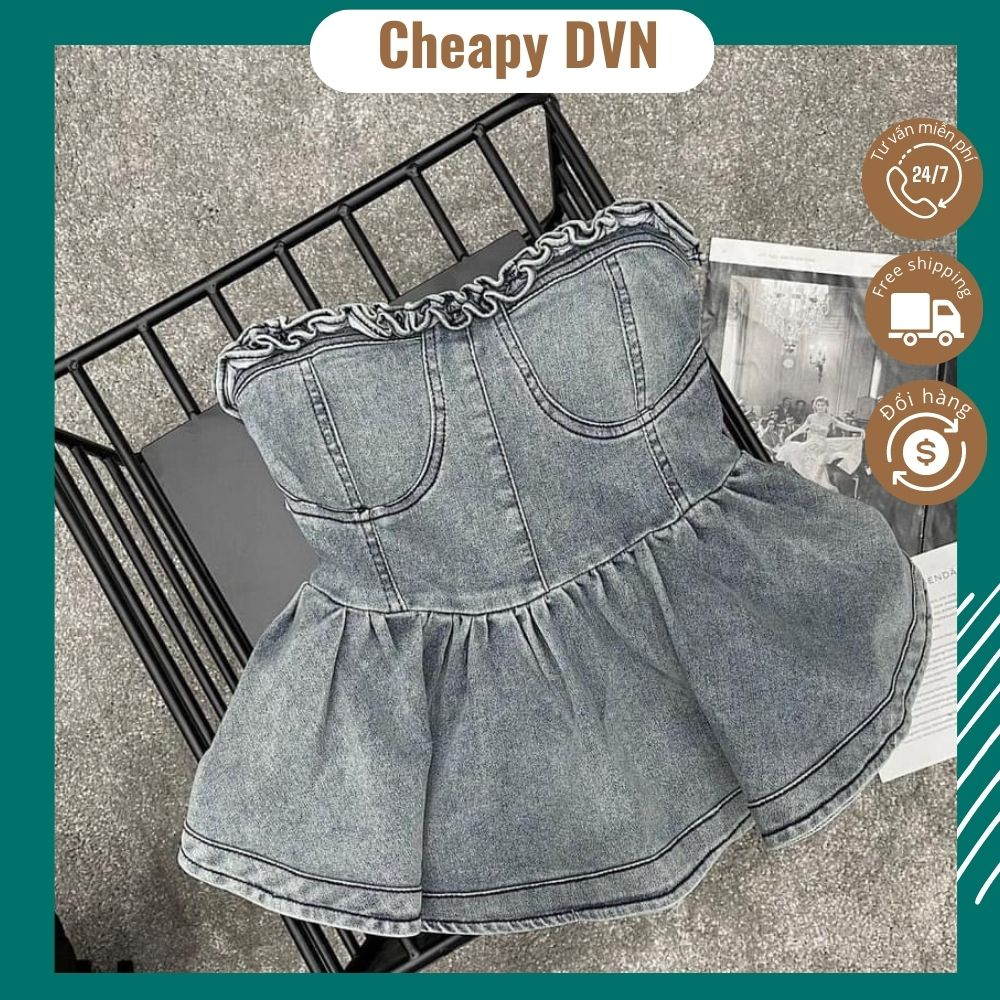 Áo quây bò bèo nữ denim hở vai sexy dáng peplum xòe đuôi cá chun lưng co giãn hàng quảng châu Cheapy