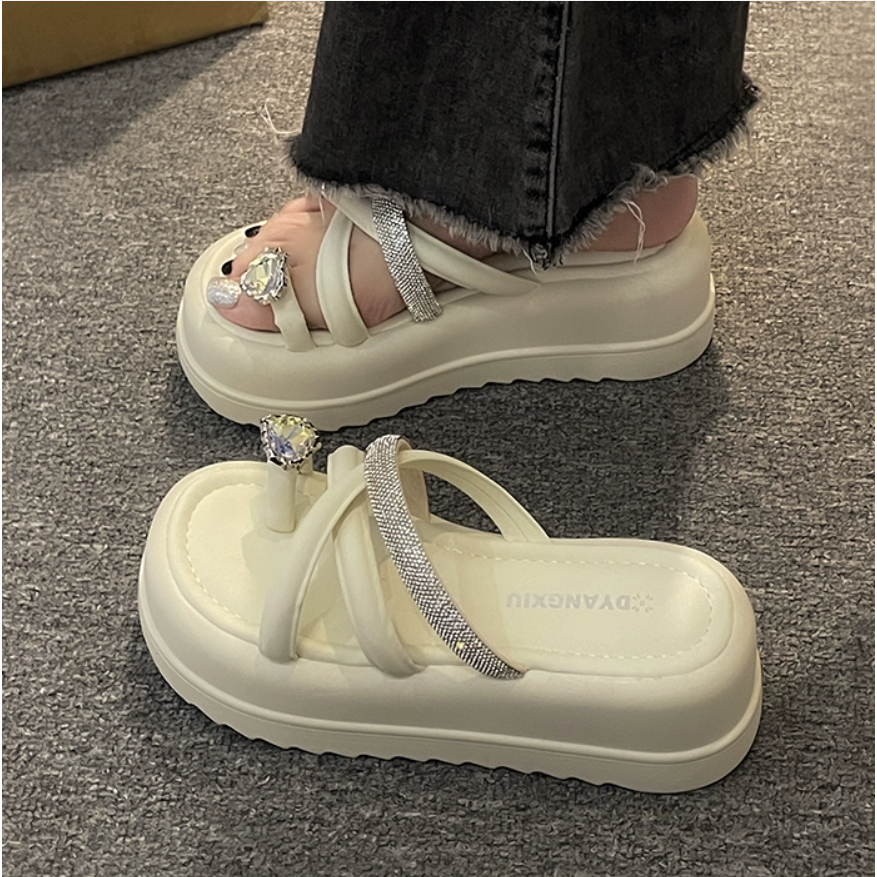 Dép thời trang nữ Dép đan chéo đính đá đế dày nữ đi bên ngoài 2023 dễ phối đồ thường ngày