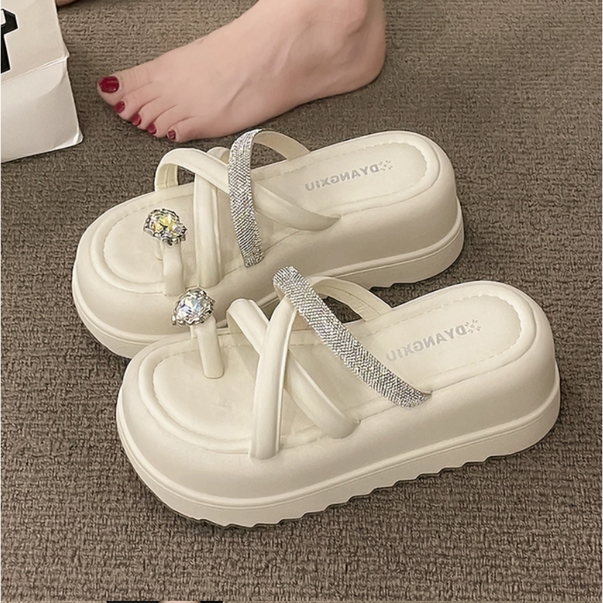 Dép thời trang nữ Dép đan chéo đính đá đế dày nữ đi bên ngoài 2023 dễ phối đồ thường ngày