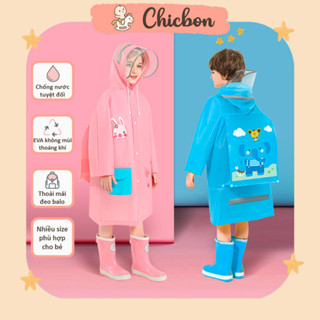 Áo mưa cho bé trai, bé gái, họa tiết hoạt hình, vạt sau mở rộng thoải mái đeo balo, chống nước tốt, nhanh khô, không mùi