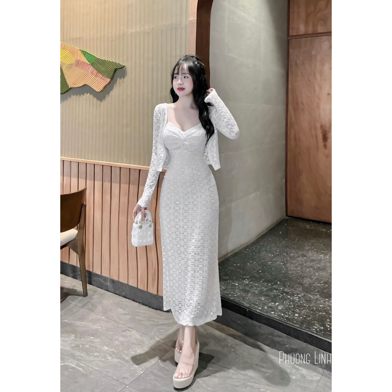 Set váy body ren kèm áo choàng ngoài tiểu thư vintage