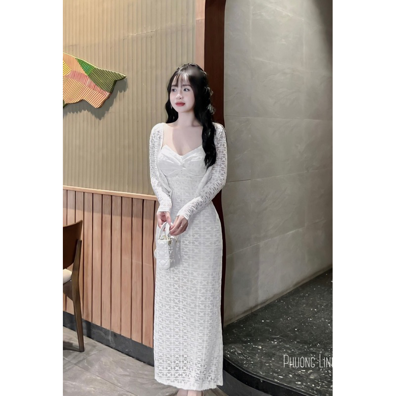 Set váy body ren kèm áo choàng ngoài tiểu thư vintage