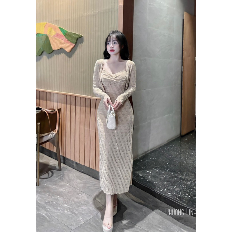 Set váy body ren kèm áo choàng ngoài tiểu thư vintage