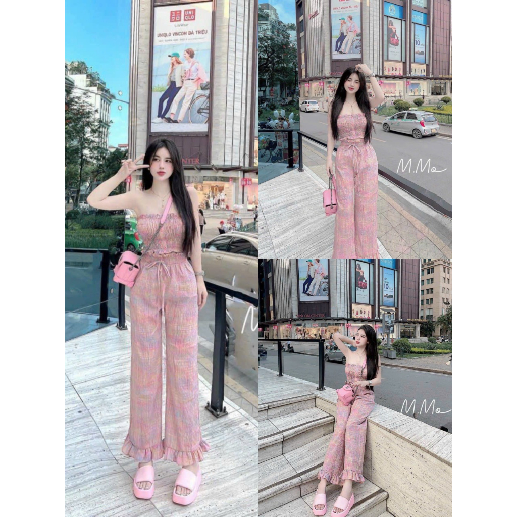 Sét bộ thời trang nữ mặc đi chơi giá siêu rẻ chất lụa xốp phồng caro hồng áo ống cúp ngực mix quần suông ống rộng