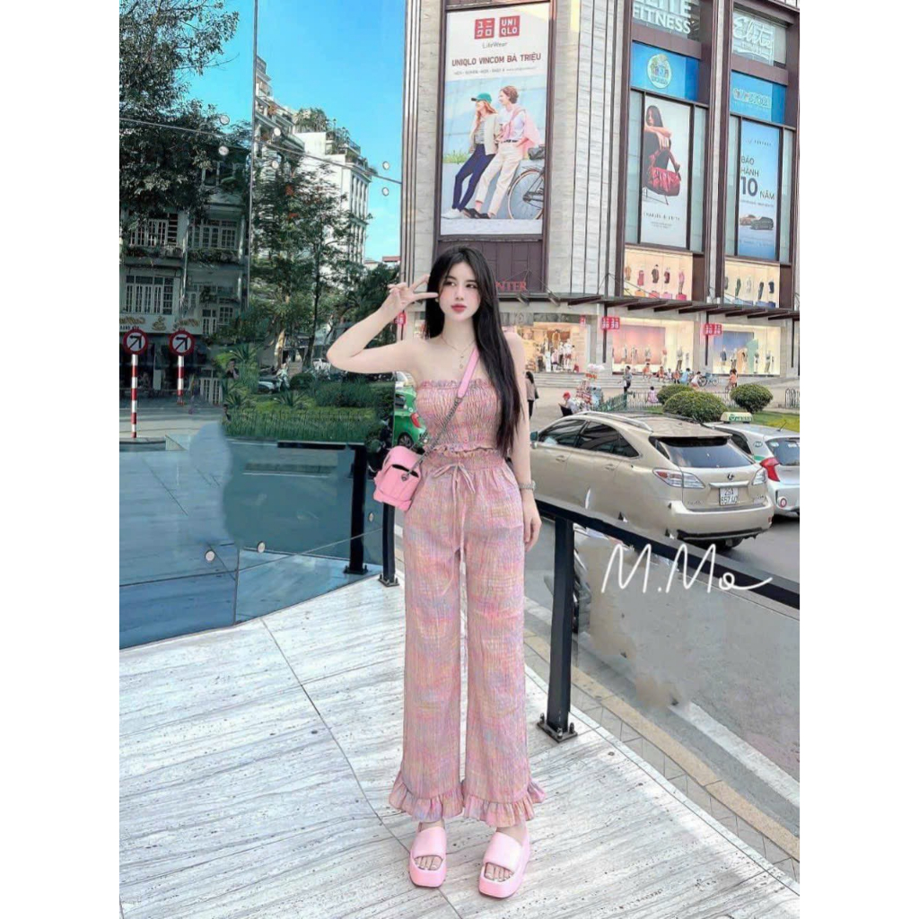 Sét bộ thời trang nữ mặc đi chơi giá siêu rẻ chất lụa xốp phồng caro hồng áo ống cúp ngực mix quần suông ống rộng