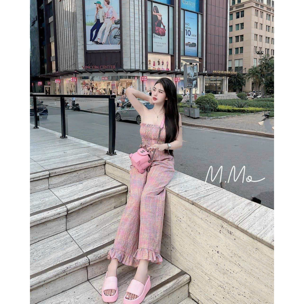 Sét bộ thời trang nữ mặc đi chơi giá siêu rẻ chất lụa xốp phồng caro hồng áo ống cúp ngực mix quần suông ống rộng