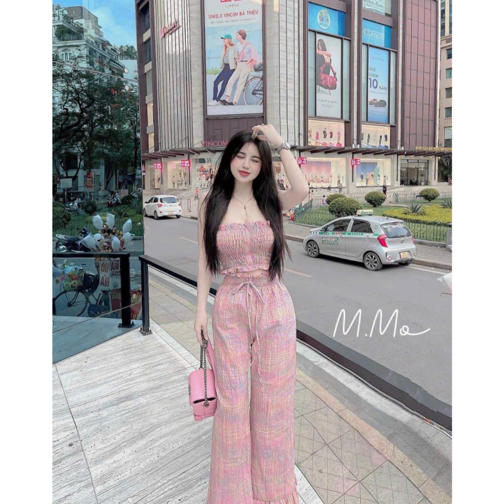 Sét bộ thời trang nữ mặc đi chơi giá siêu rẻ chất lụa xốp phồng caro hồng áo ống cúp ngực mix quần suông ống rộng