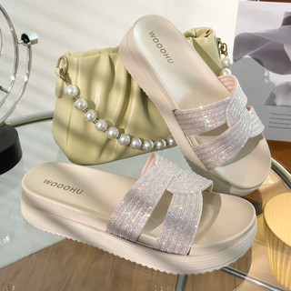 Dép nữ quai chéo đế xuồng kim tuyến lấp lánh mũi tròn tăng chiều cao 5 phân đi chơi, văn phòng, trong nhà DN48