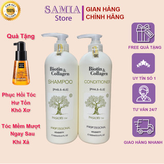 Bộ Dầu Gội Biotin Collagen Trắng Chính Hãng Samia New Siêu Mềm Mượt Phục Hồi Tóc Ý 500ml -1000ml