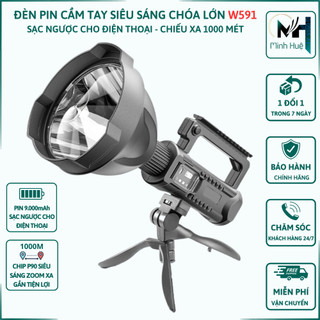 Đèn pin cầm tay siêu sáng W591 chiếu xa 1000m chống thấm nước có chân đế Đèn pin cầm tay mini siêu sáng sạc điện