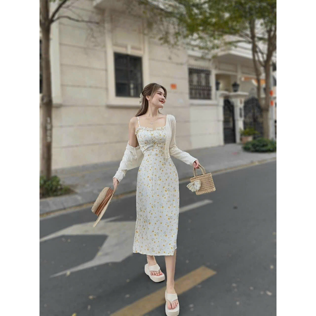 Đầm nữ thời trang mặc đi chơi chất xốp hoa hai dây cúp ngực ôm eo váy maxi dáng suông kèm áo khoác thun gân tay dài