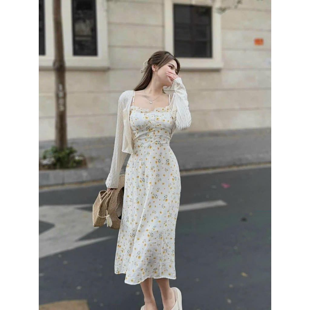 Đầm nữ thời trang mặc đi chơi chất xốp hoa hai dây cúp ngực ôm eo váy maxi dáng suông kèm áo khoác thun gân tay dài