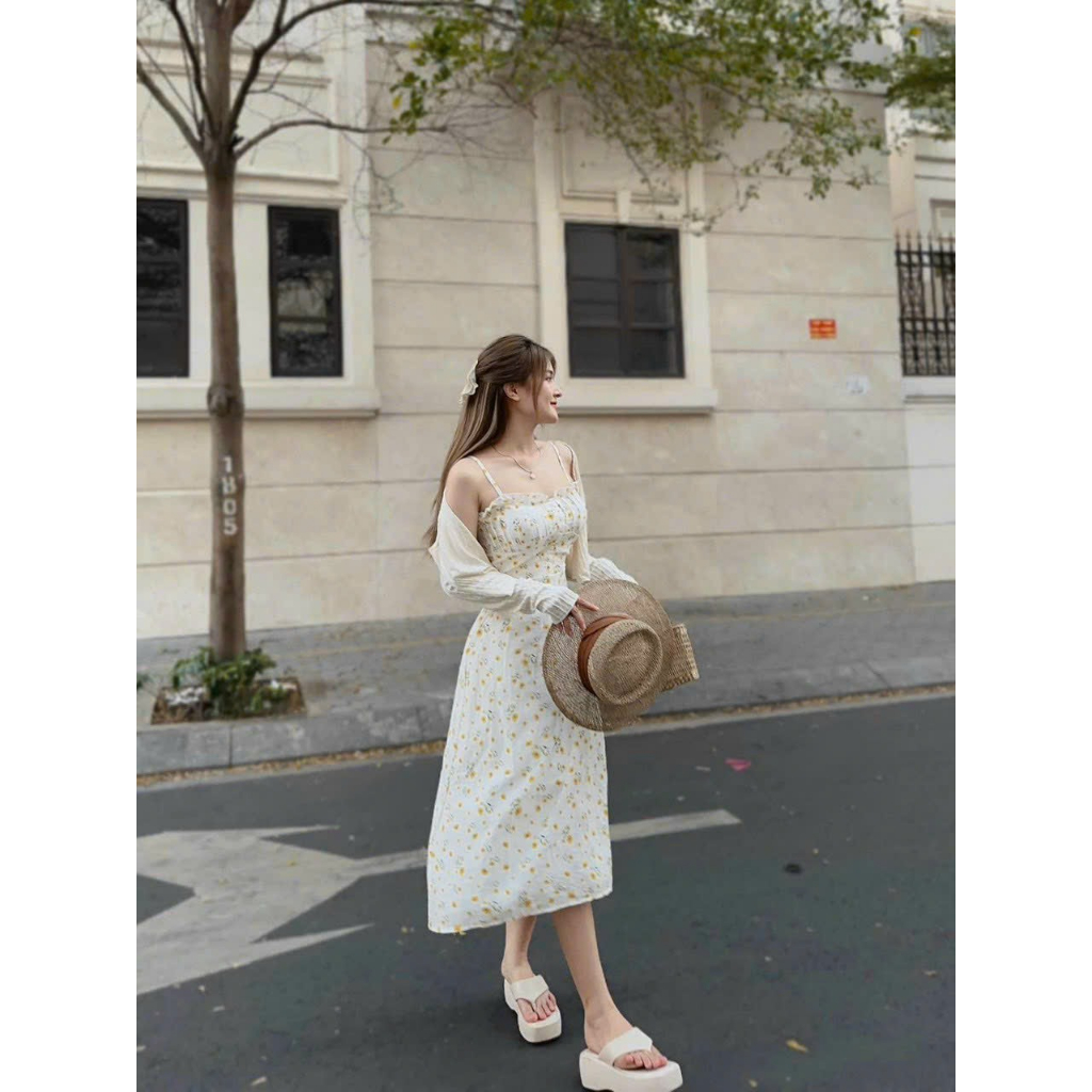 Đầm nữ thời trang mặc đi chơi chất xốp hoa hai dây cúp ngực ôm eo váy maxi dáng suông kèm áo khoác thun gân tay dài