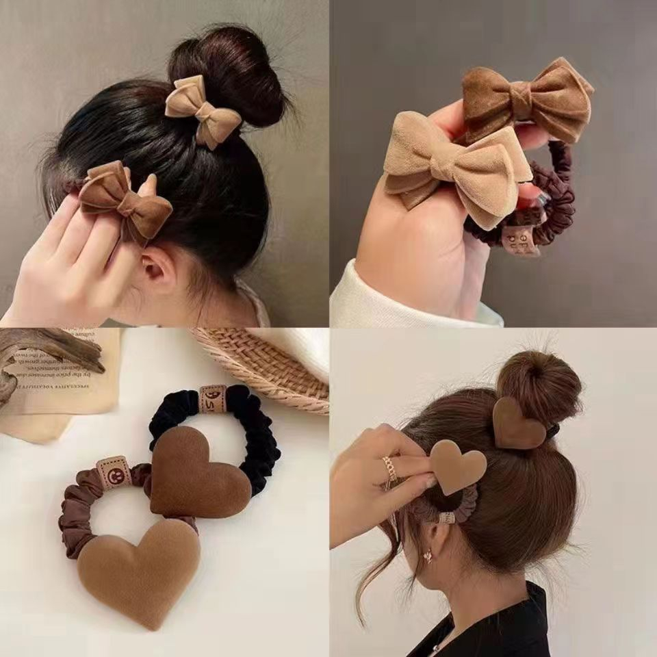 Set Dây Buộc Tóc Hình Nơ Trái Tim Màu Nâu Màu Trà Sữa Phong Cách Hàn Quốc